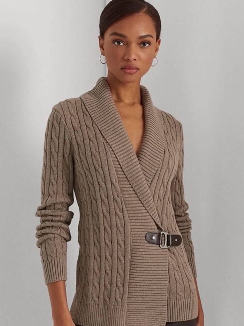 Ralph Lauren Black Label Taupe Cable-Knit Shawl-Collar Cardigan